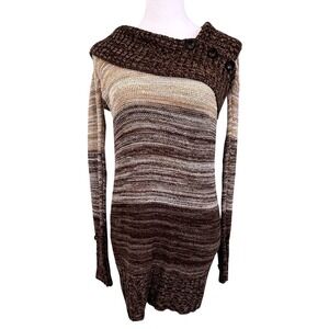 Say What Brown Ombre Striped‎ Button Shawl Collar Tunic Sweater Dress Medium